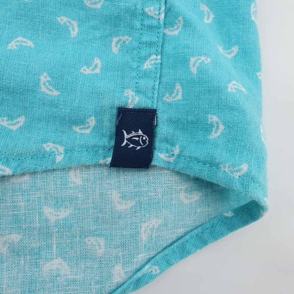 Southern Tide Linen Blend Short Sleeve Button Down Fish Paisley Teal Mens Medium - Picture 3 of 9